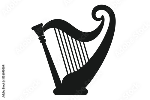 Silhouette of a Classic Irish Harp Musical Instrument on White Background