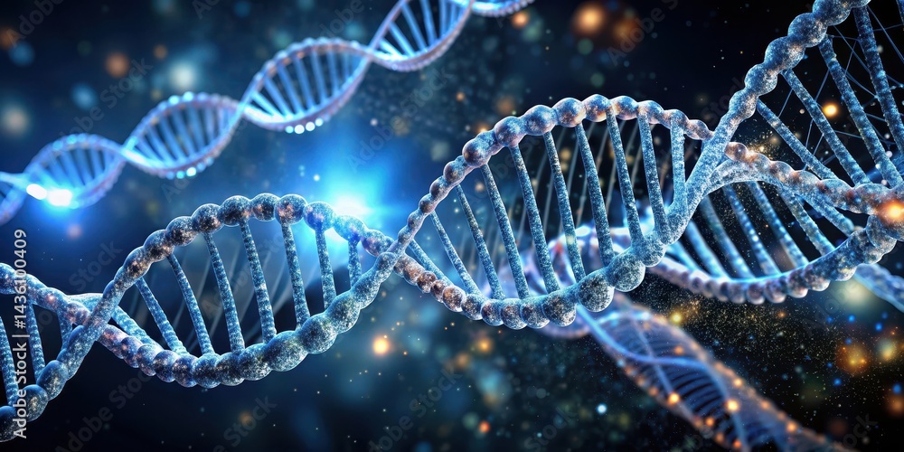 Intricate double helix DNA strands twirling around each other in a mesmerizing dance of molecular complexity, biomolecular dynamics, twisted molecules