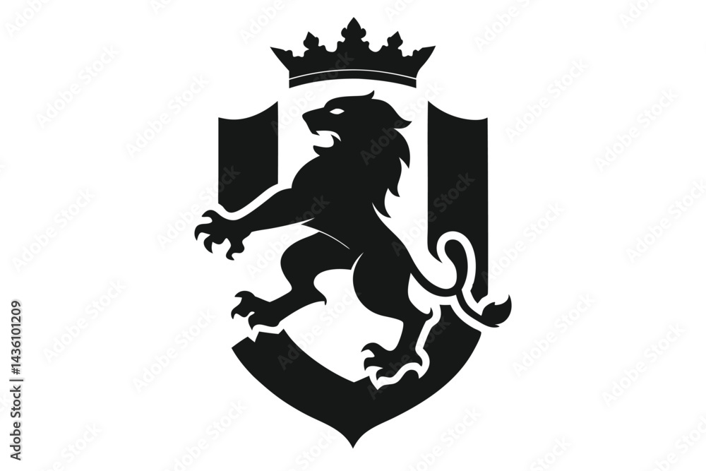 Fototapeta premium Monochrome heraldic emblem featuring a rampant lion below a royal crown