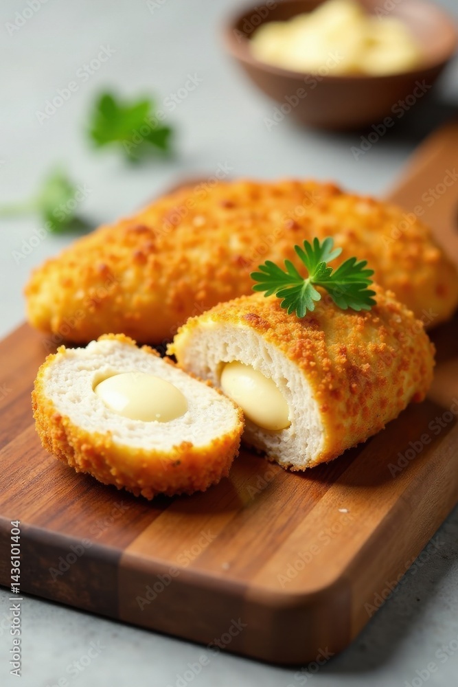 Crispy Breaded Chicken Cutlets Stuffed with Creamy Cheese, Served on Rustic Wooden Board Crispy Breaded Chicken Cutlets Stuffed with Creamy Cheese, Served on Rustic Wooden Board