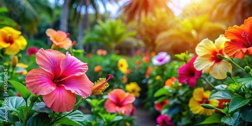 Fototapeta Naklejka Na Ścianę i Meble -  Colorful hibiscus flowers in a lush tropical garden,landscape,  landscape, greenery, floral, hibiscus,tropical, plants