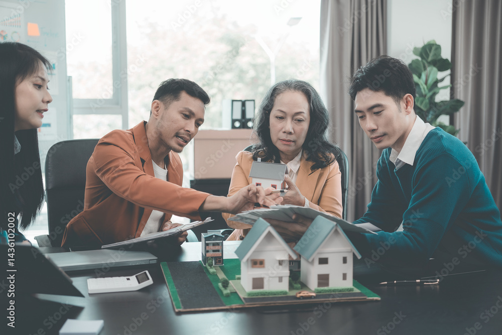 Business team signing investment agreement for residential real estate. Group of professionals in suits meeting in office with financial agreement documents on table.
