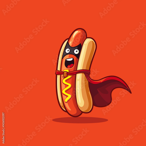 Funny hot dog superhero with a cape and mask
