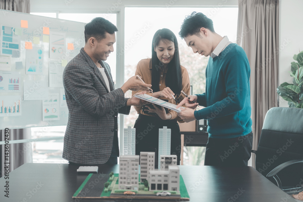 Business team signing investment agreement for residential real estate. Group of professionals in suits meeting in office with financial agreement documents on table.