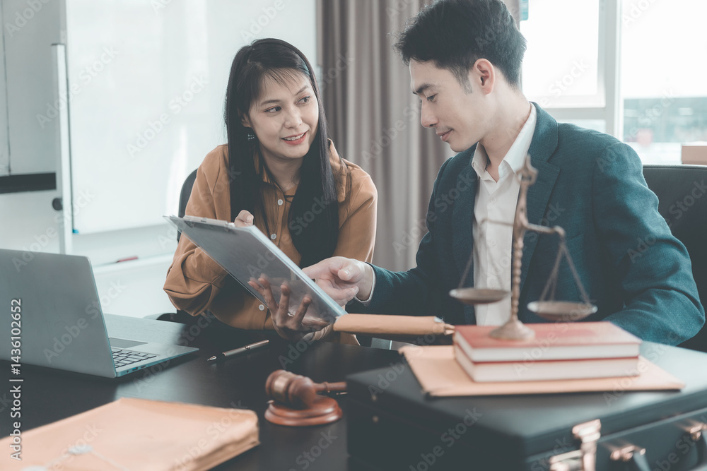 Male and female lawyers discussing documents at conference table in meeting with contract documents and wooden hammer on table in courtroom. Justice and law. Lawyer.
