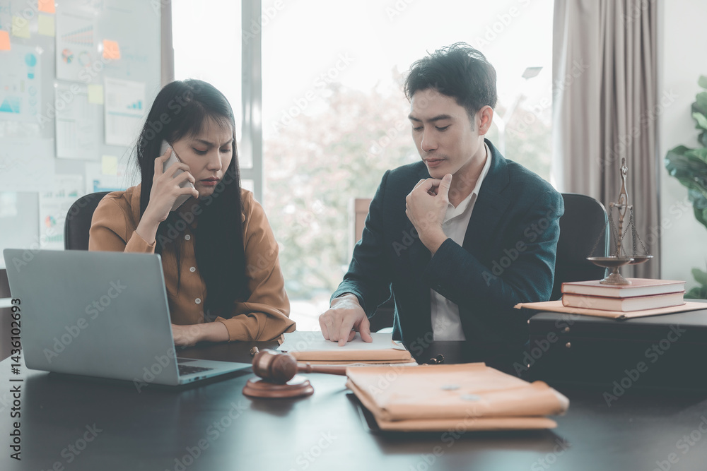 Male and female lawyers discussing documents at conference table in meeting with contract documents and wooden hammer on table in courtroom. Justice and law. Lawyer.
