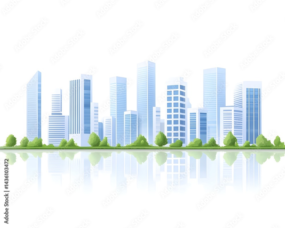 Obraz premium Modern city skyline reflected in water, with green spaces at the base