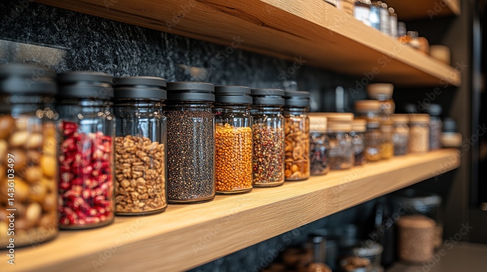 Pantry shelf brimming with colorful provisions jars Pantry shelf brimming with colorful provisions jars