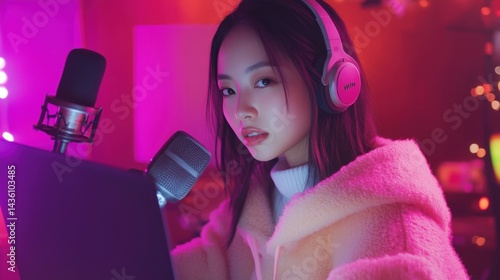 Vlogger live streaming podcast review on social media, Young Asian woman use microphones wear headphones with laptop record video. Content creator concept