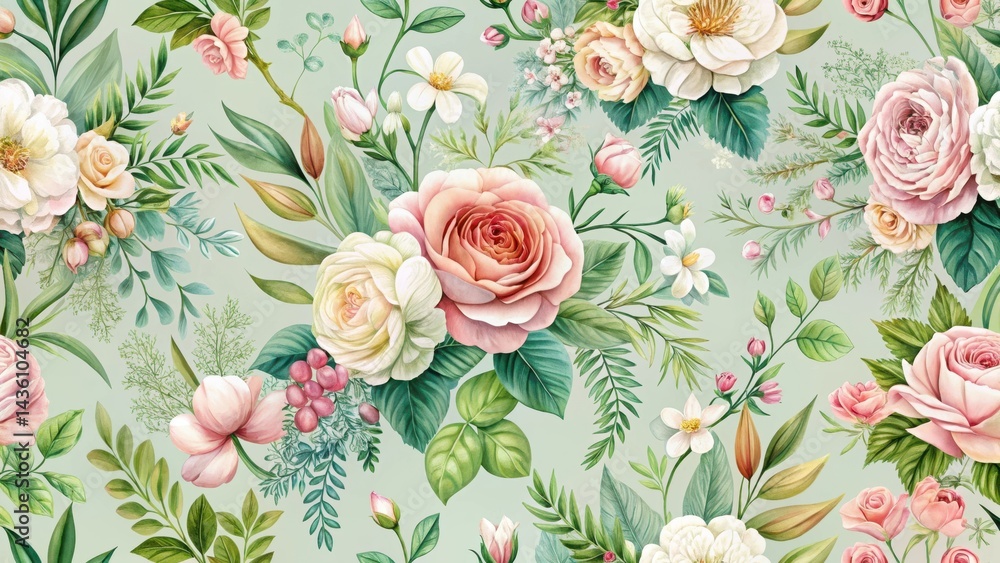 Fototapeta Intricate floral design featuring delicate blooms and lush greenery in a seamless pattern , leaves, design,  leaves