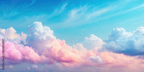 Fototapeta Naklejka Na Ścianę i Meble -  Soft, dreamy pastel pink clouds float gently across a serene blue sky, blending into a gradient of gentle hues as they drift lazily above a peaceful landscape , soft, gradient