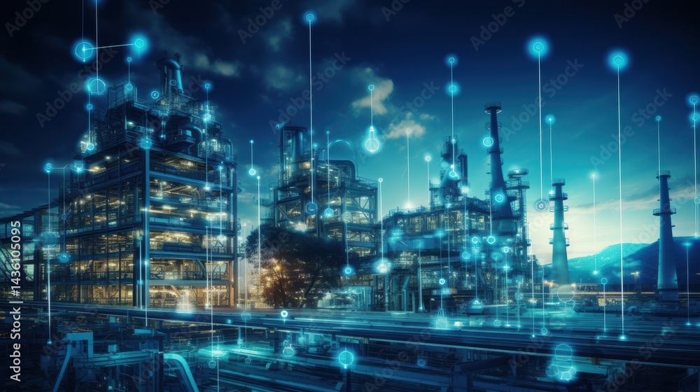 Fototapeta premium Modern factory, communication network. Telecommunication. IoT, Internet of Things, ICT, Information communication Technology,. Smart factory. Digital transformation, cloud connecting,