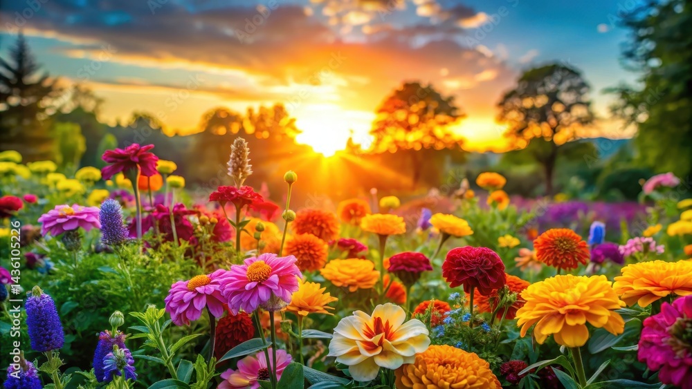 Fototapeta premium Vibrant flowers in a garden at sunset, vibrant colors, colorful garden