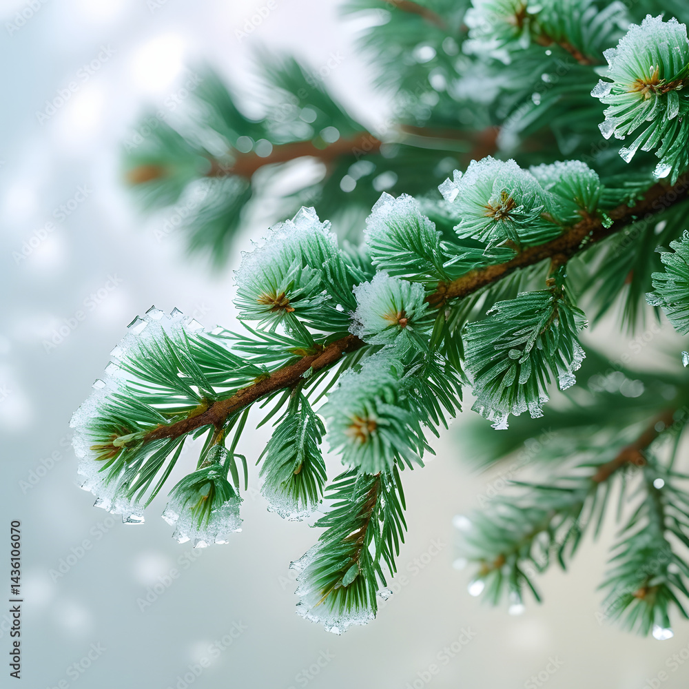 Obraz premium Icy Embrace: A close-up of frost-covered evergreen branch, a celebration of winter's beauty. Capture the essence of tranquility. 