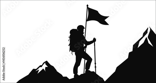 Silhouette Of A Hiker Reaching The Summit With Backpack And Flag On Top