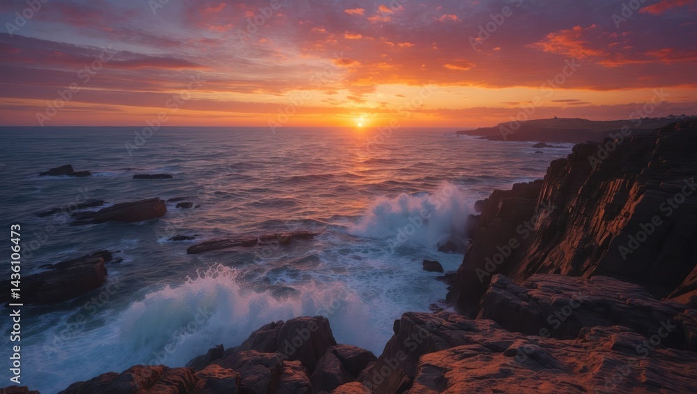 Obraz premium Ocean Waves Crashing on Rocky Coastline at Sunset with Vibrant Sky