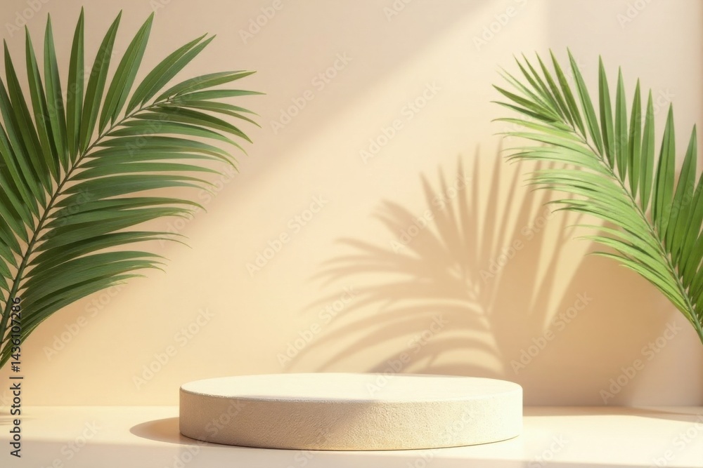 A serene studio setting showcasing a minimalist circular pedestal, elegantly positioned against a muted beige backdrop, enhanced by the presence of two lush palm fronds casting delicate shadows A serene studio setting showcasing a minimalist circular pedestal, elegantly positioned against a muted beige backdrop, enhanced by the presence of two lush palm fronds casting delicate shadows