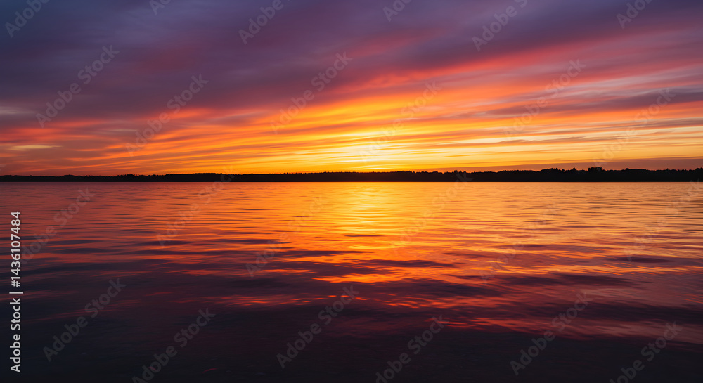 Fototapeta premium Spectacular Ocean Sunset With Fiery Colors And Soft Waves Reflecting Horizon