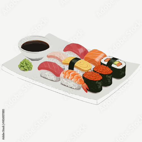 A minimalist vector of a sushi platter featuring assorted nigiri and maki rolls with soy sauce and wasabi, on a clean white background.