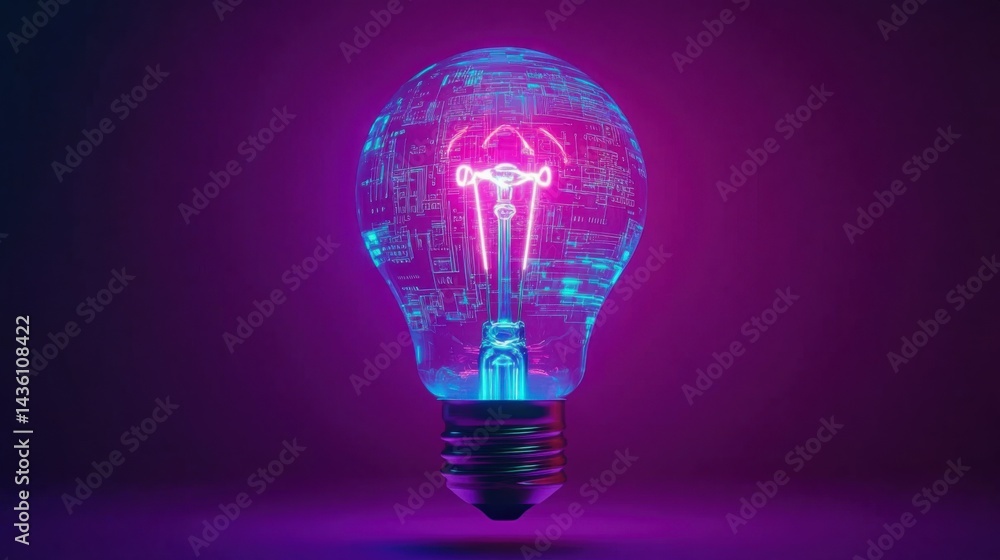 Futuristic glowing light bulb with a vibrant, digital circuit board embedded inside, emitting electric-blue light against a deep purple backdrop. Innovation and creativity theme. Futuristic glowing light bulb with a vibrant, digital circuit board embedded inside, emitting electric-blue light against a deep purple backdrop. Innovation and creativity theme.
