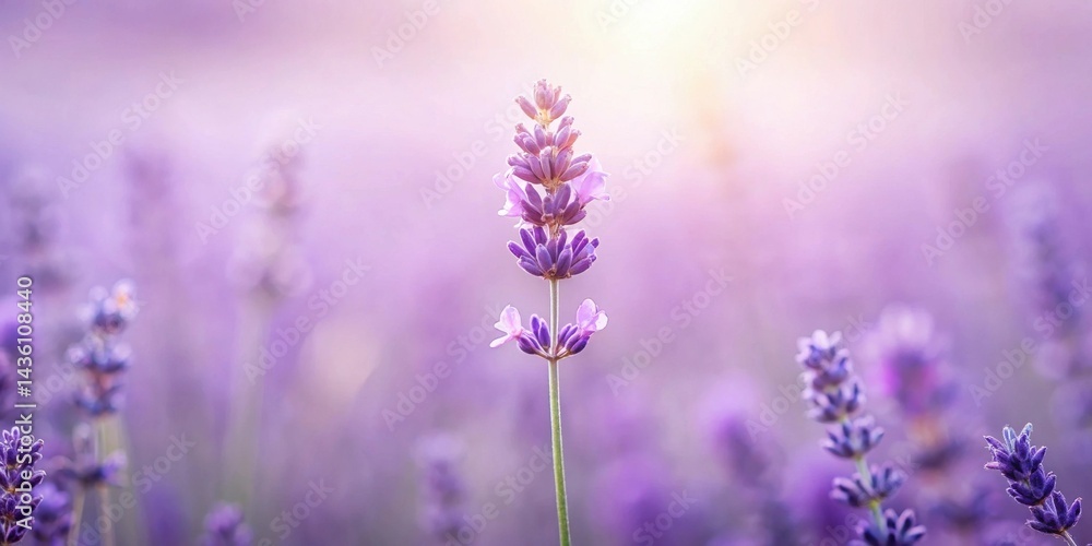 Naklejka premium Serene Lavender Bloom in a Field of Purple Flowers Basking in Soft Sunlight