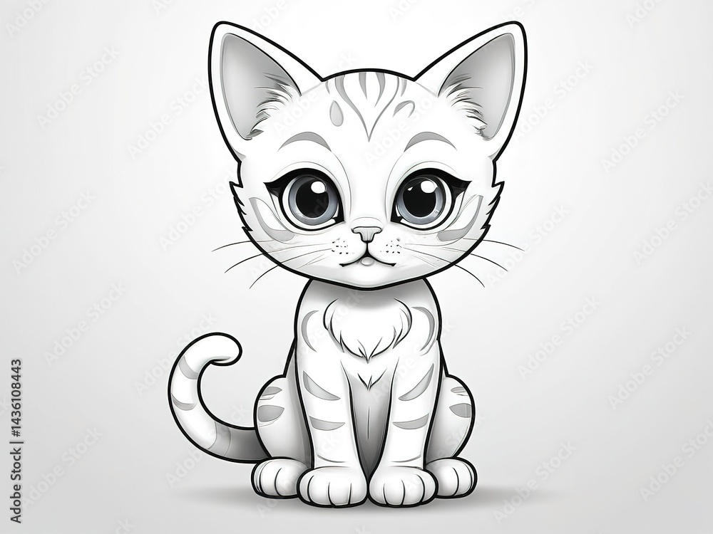 Obraz premium Adorable cartoon kitten, wide-eyed and ready to play, ideal for coloring pages. Isolated white background 