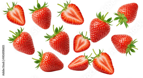 A burst of ripe strawberries halved and whole against a stark black canvas