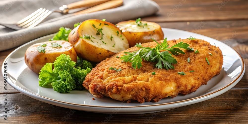 Crispy breaded chicken cutlet on a plate with a side of warm baked potato , crispy, food Crispy breaded chicken cutlet on a plate with a side of warm baked potato , crispy, food