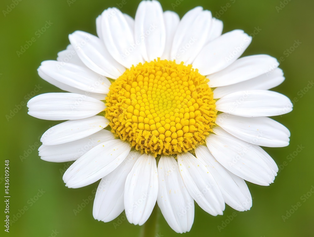 Fototapeta premium White daisy flower with yellow center captured in close-up against soft neutral background showing petal detail in simple natural floral composition