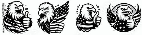 Bald eagle with American flag print on wings winking a thumbs up wing. 4th of july Independence Day patriotic Clipart. .