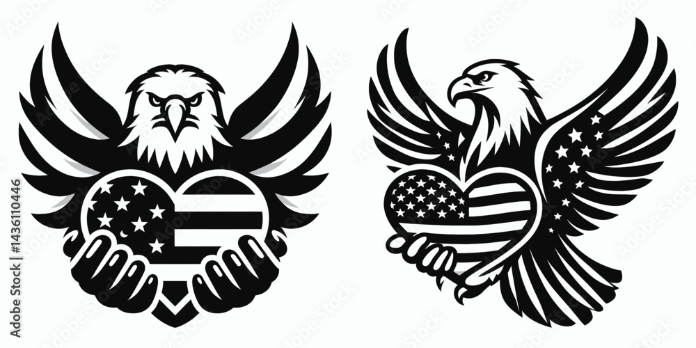 Bald eagle with American flag print on wings presenting a simple heart shape. 4th of july Independence Day patriotic Clipart. . Bald eagle with American flag print on wings presenting a simple heart shape. 4th of july Independence Day patriotic Clipart. .