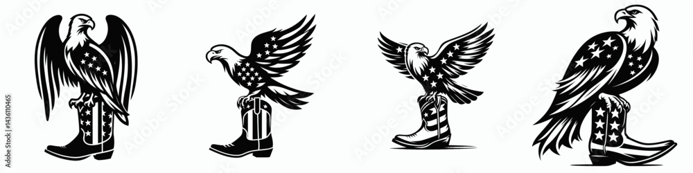 Bald eagle with American flag print on wings perched a stylized cowboy boot. 4th of july Independence Day patriotic Clipart. . Bald eagle with American flag print on wings perched a stylized cowboy boot. 4th of july Independence Day patriotic Clipart. .