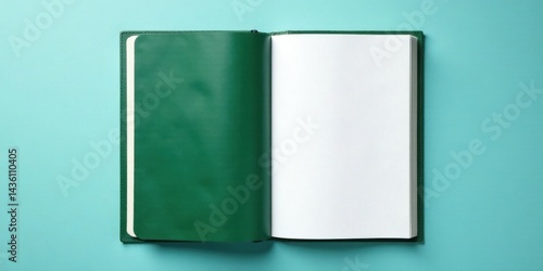 A blank green leather-bound journal open on a teal background, ready for writing and ideas.