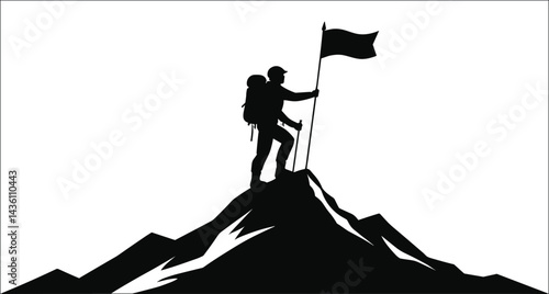Silhouette Illustration Of Hiker At Mountain Top Achieving Success With Flag