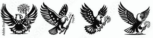 Bald eagle with American flag print on wings holding a single firework stick. 4th of july Independence Day patriotic Clipart. .