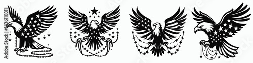 Bald eagle with American flag print on wings draping a short chain of stars. 4th july Independence Day patriotic Clipart. avian liberty banner design over appendage link star formation.