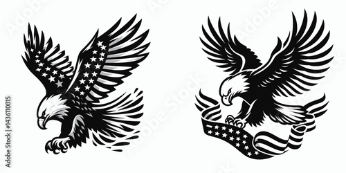 Bald eagle with American flag print on wings diving for a patriotic ribbon. 4th of july Independence Day Clipart. emblem soaring bird usa banner image airfoil hunting red white blue band.