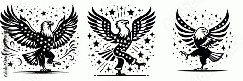 Bald eagle with American flag print on wings dancing confetti sparkles. 4th of july Independence Day patriotic Clipart. National bird stars & stripes design pinion prancing amid glitter.