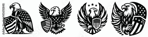 Bald eagle with American flag print on wings clutching a small shield. 4th of july Independence Day patriotic Clipart. Avian emblem stars and stripes pattern grasping miniature defense sign.