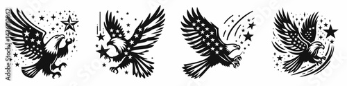 Bald eagle with American flag print on wings catching a falling star. 4th of july Independence Day patriotic Clipart. avian clutching celestial object artwork banner design.