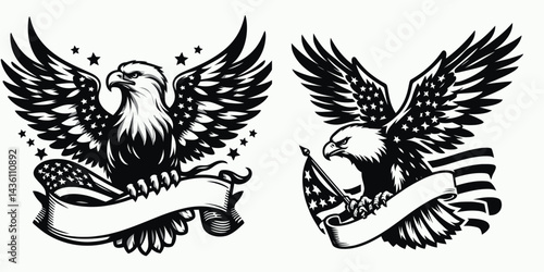 Bald eagle with American flag print on wings carrying a plain banner labeled INDEPENDENCE. 4th of july Independence Day patriotic Clipart. avian stars and stripes design holding blank sign.