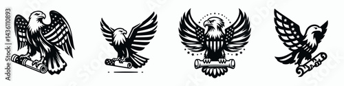 Bald eagle with American flag print on wings carrying a mini scroll. 4th of july Independence Day patriotic Clipart. avian stars and stripes pattern plumage clutching tiny parchment.