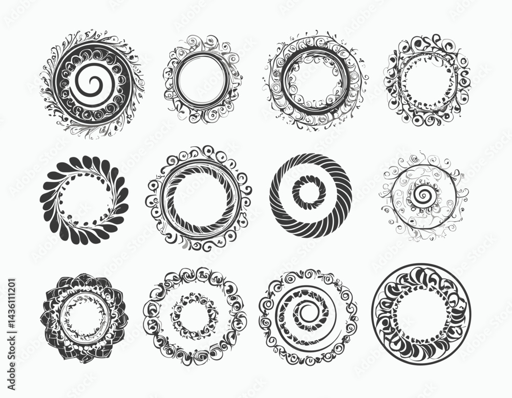 Decorative swirl and spiral vector silhouette set, perfect swirl for graphic design. Elegant shapes add a stylish touch to invitations, logos, tattoos, and art projects Decorative swirl and spiral vector silhouette set, perfect swirl for graphic design. Elegant shapes add a stylish touch to invitations, logos, tattoos, and art projects