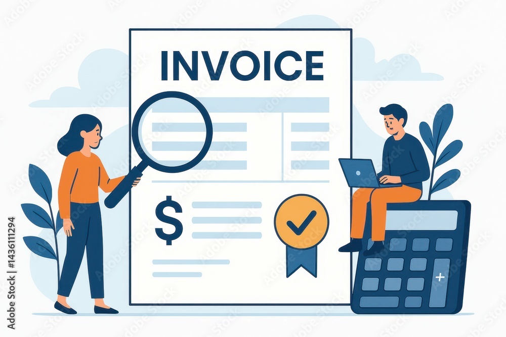 Invoice Illustration with Characters Analyzing Financial Document Invoice Illustration with Characters Analyzing Financial Document