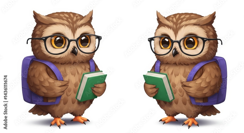 Obraz premium Two Owls with Backpacks and Books - Adorable illustration of two wise owls wearing glasses, carrying backpacks, and holding books. Perfect for education, learning, and knowledge themes.
