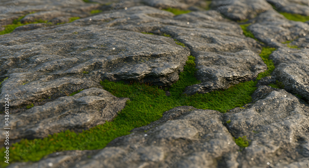 Textured Rocky Terrain Embraces Lush Green Moss Captivating Natural Harmony Textured Rocky Terrain Embraces Lush Green Moss Captivating Natural Harmony