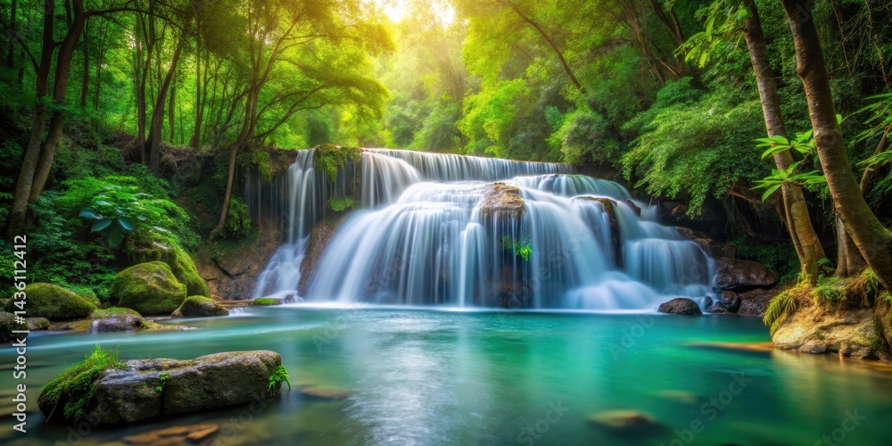 Fototapeta premium waterfall cascade into serene forest stream, natural wonder, tranquil, natural wonder, tranquil, rocks, natural beauty