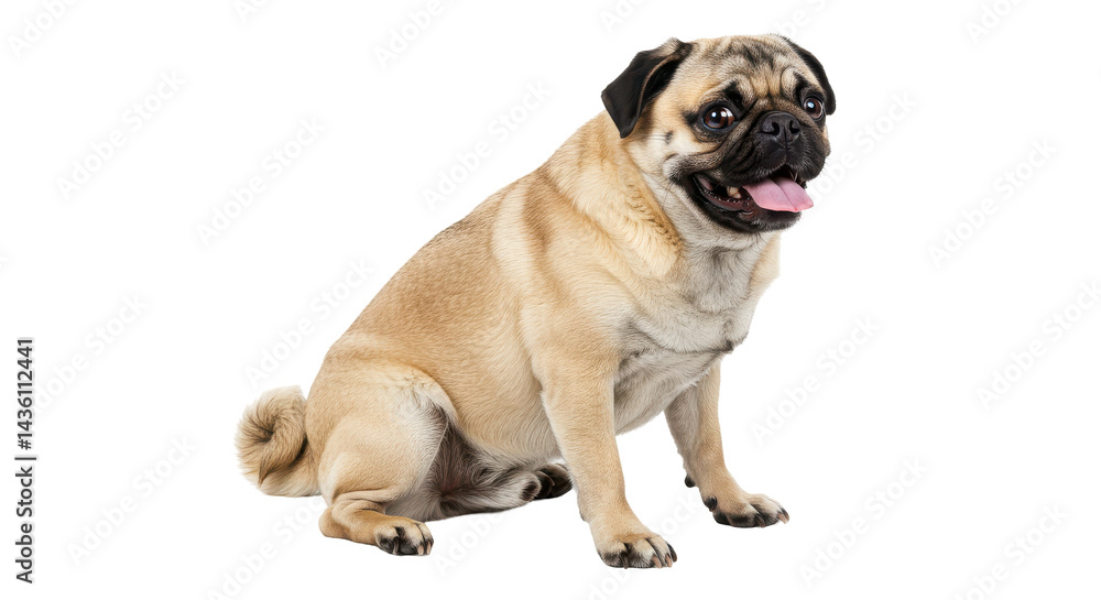 A fawn pug sits panting happily in a studio setting with a black background A fawn pug sits panting happily in a studio setting with a black background