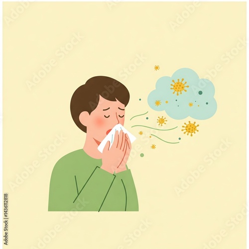 Flat Design Allergy Illustration Pollen Sneezing Pastel Soft Colors