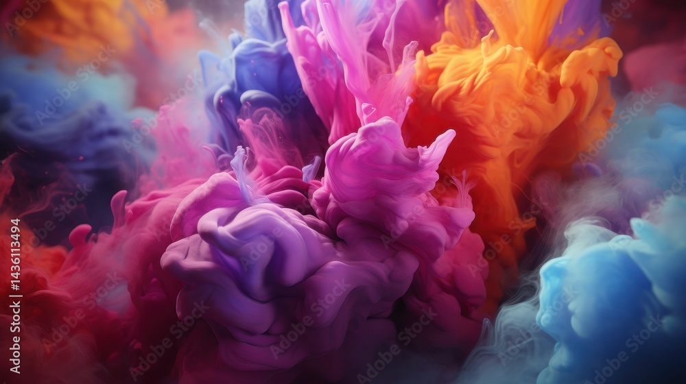 Obraz premium Vibrant swirls of colorful ink blend and bloom in a dynamic, abstract explosion of purple, orange, and blue